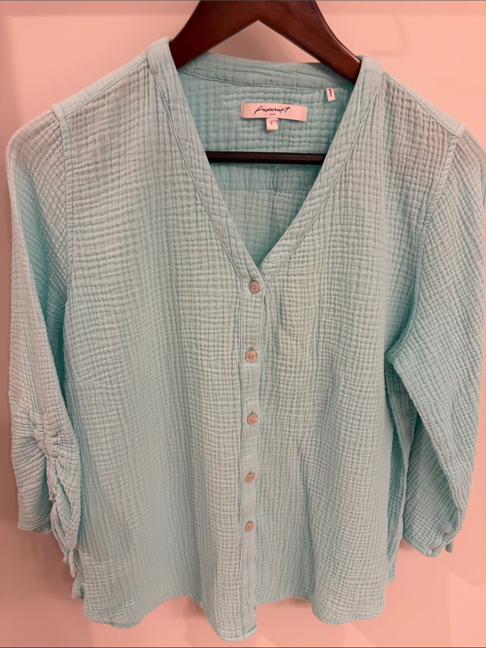 Foxcroft Light Seafoam Button-Front Gauze Blouse